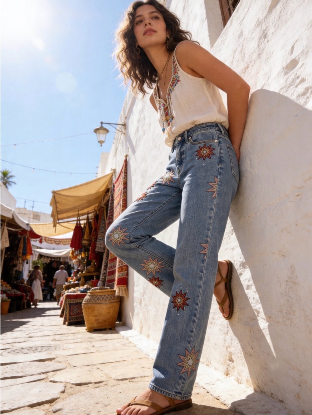 Star Embroidered Straight Leg Jeans
